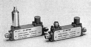 Fig 1. The model 102040013 directional coupler (right) and model 202040013 directional detector (left) both pro­vide extremely flat fre­quency response from 2 to 40 GHz.